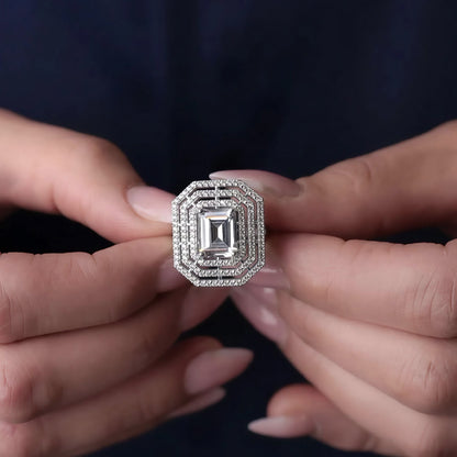 Emerald-Cut CZ Statement Ring with Triple Halo