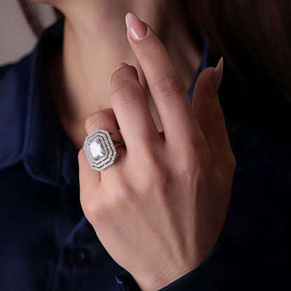 Emerald-Cut CZ Statement Ring with Triple Halo