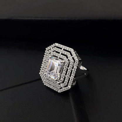 Emerald-Cut CZ Statement Ring with Triple Halo