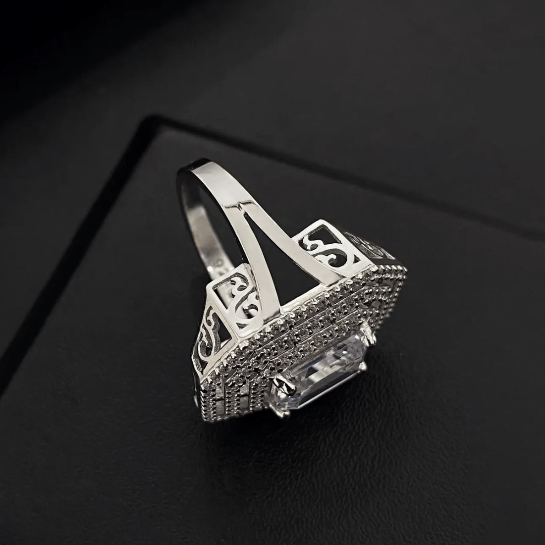 Emerald-Cut CZ Statement Ring with Triple Halo