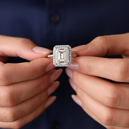Emerald-Cut CZ Ring Gold-Plated Silver Halo Setting