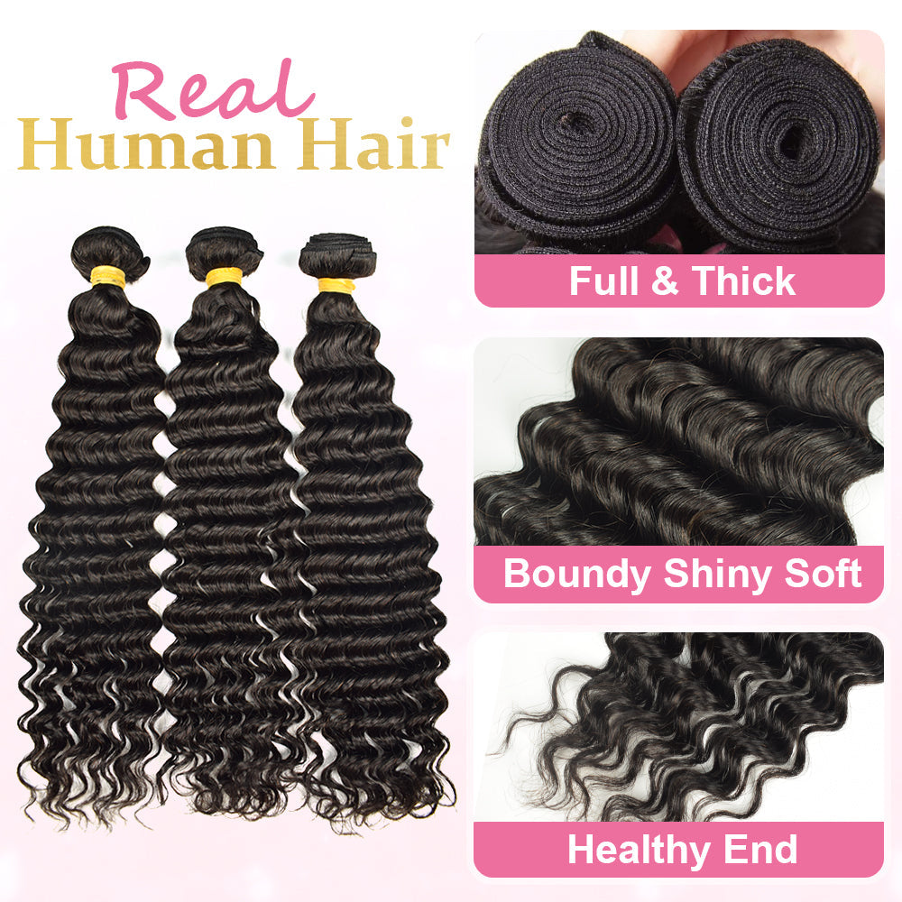 #1B Deep Wave 10A Human Hair Bundles Brazilian Virgin Hair Weave CVOHAIR