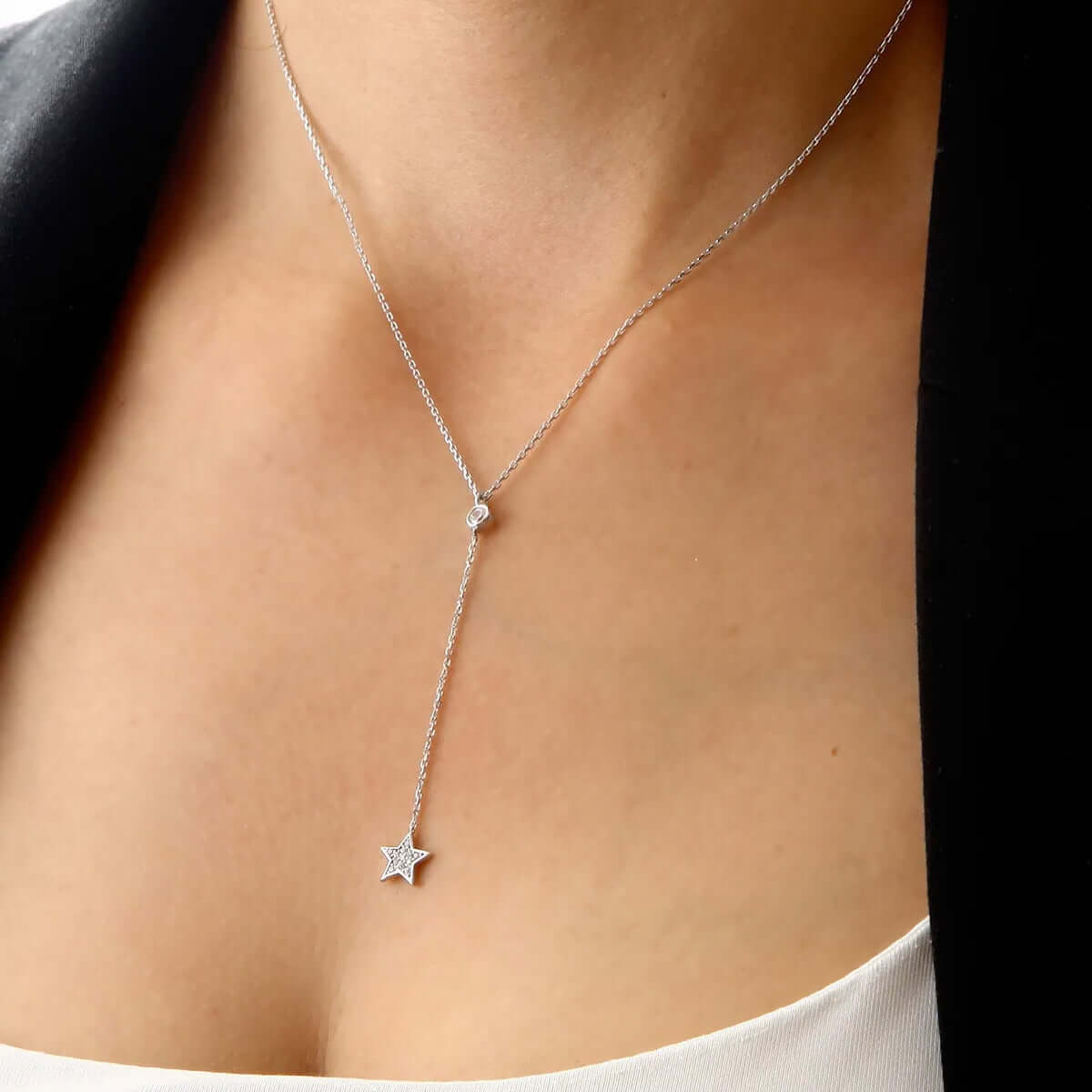 Dainty Y Necklace Silver Chain with Star Drop
