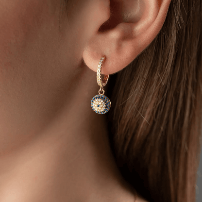 Dangle Evil Eye Charm Huggie Earrings 925 Sterling Silver