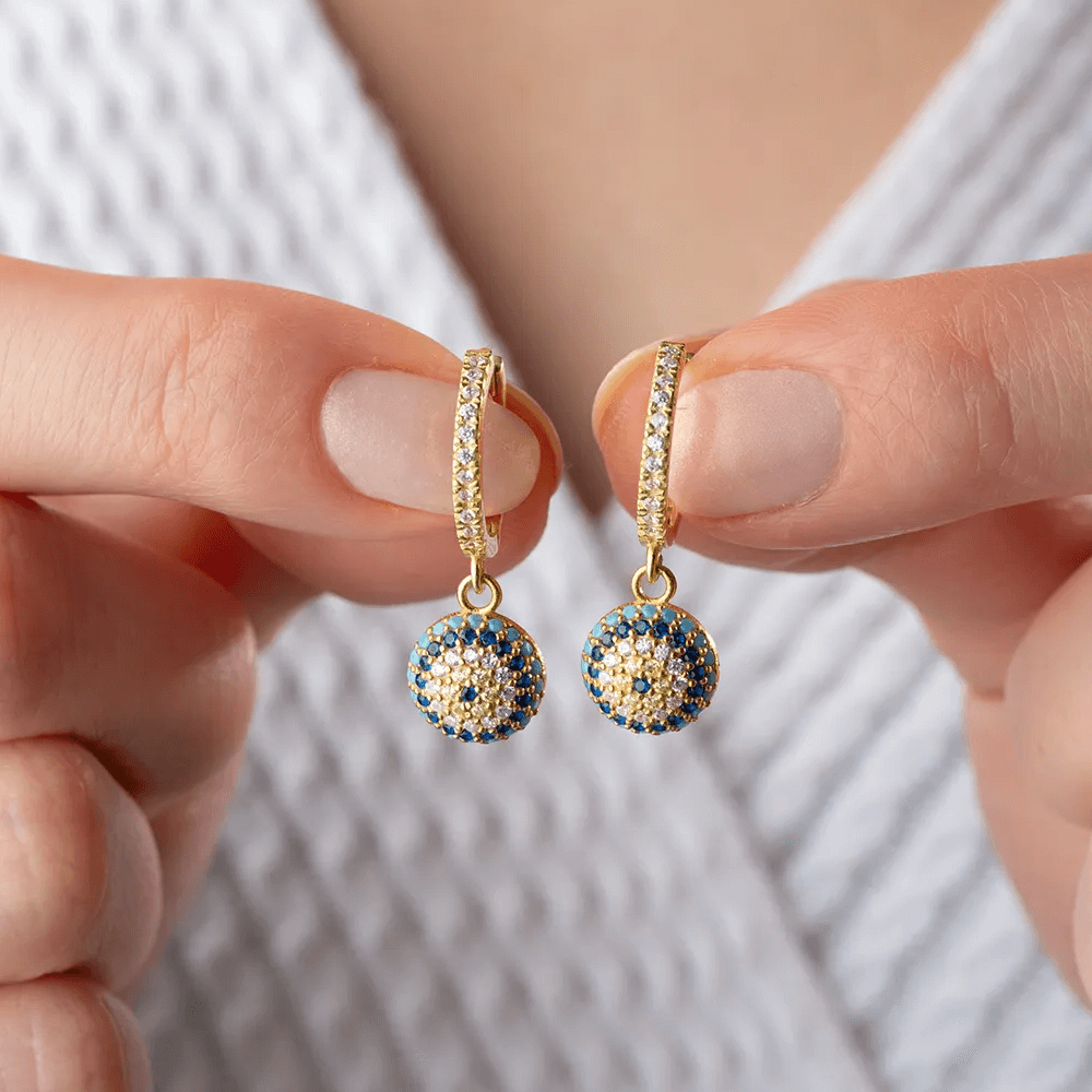 Dangle Evil Eye Charm Huggie Earrings 925 Sterling Silver