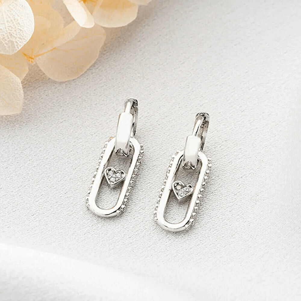 Dangle Heart with Zircon Huggie Hoops Silver Earrings