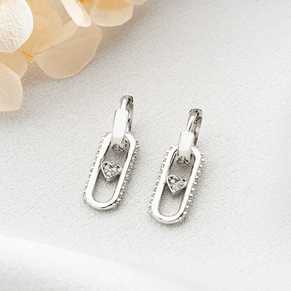 Dangle Heart with Zircon Huggie Hoops Silver Earrings