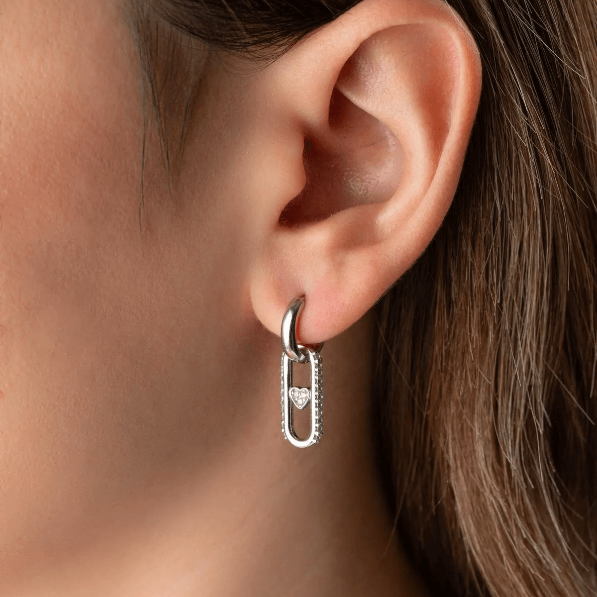 Dangle Heart with Zircon Huggie Hoops Silver Earrings