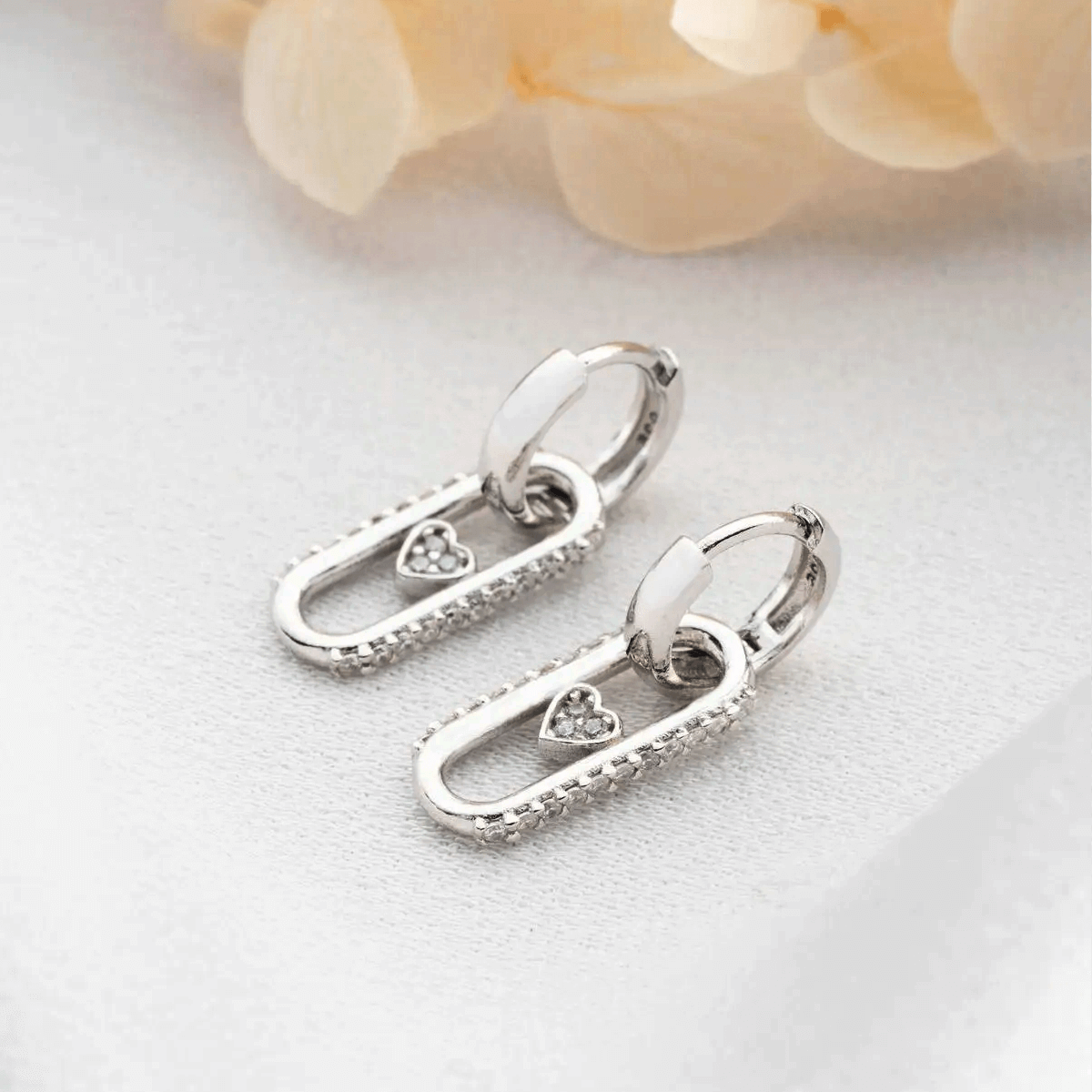 Dangle Heart with Zircon Huggie Hoops Silver Earrings