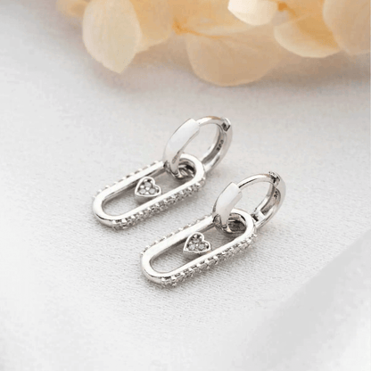 Dangle Heart with Zircon Huggie Hoops Silver Earrings