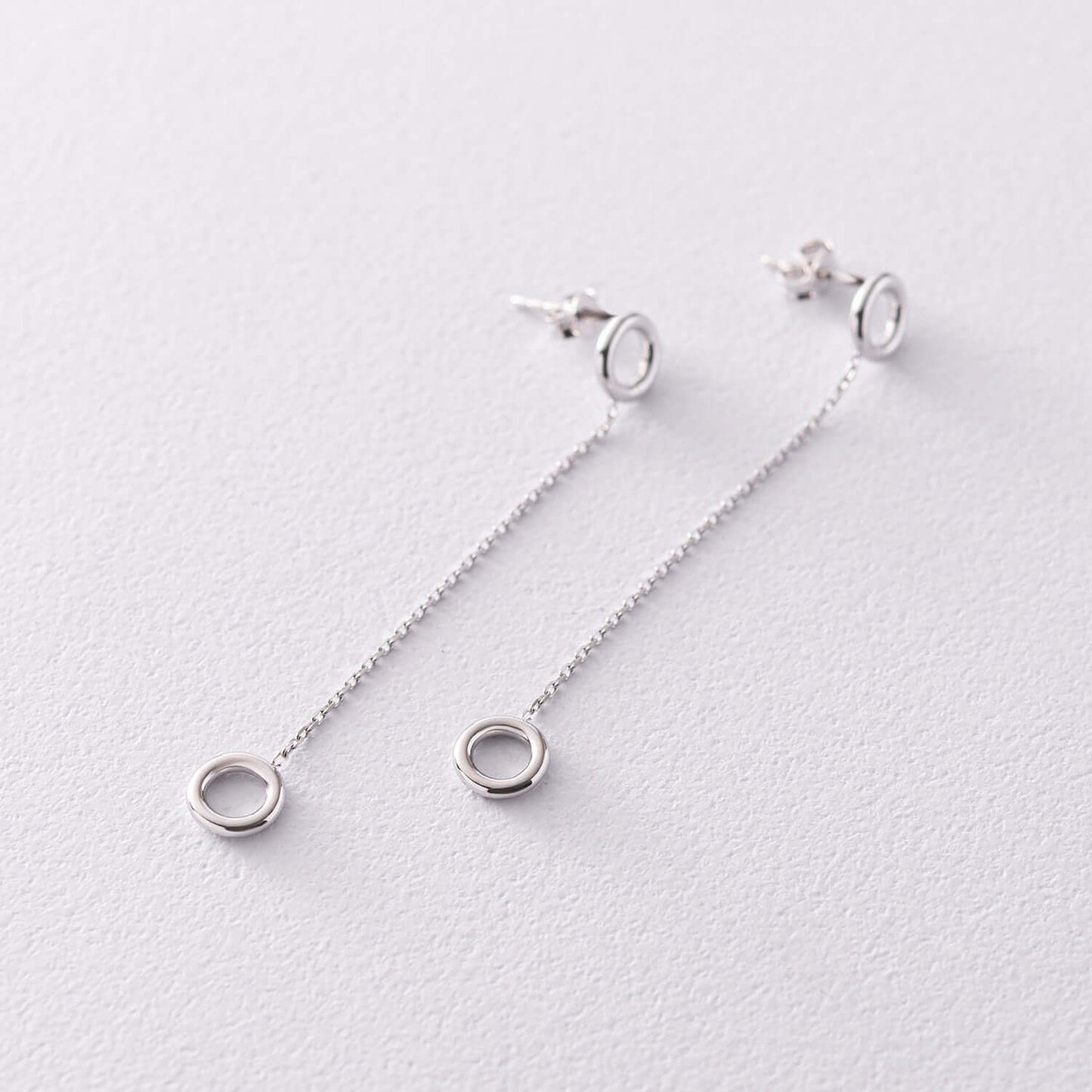 Solid Silver Dangling Chain Earrings with Circle Charm