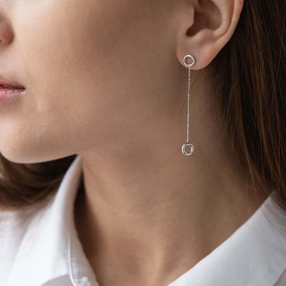Solid Silver Dangling Chain Earrings with Circle Charm