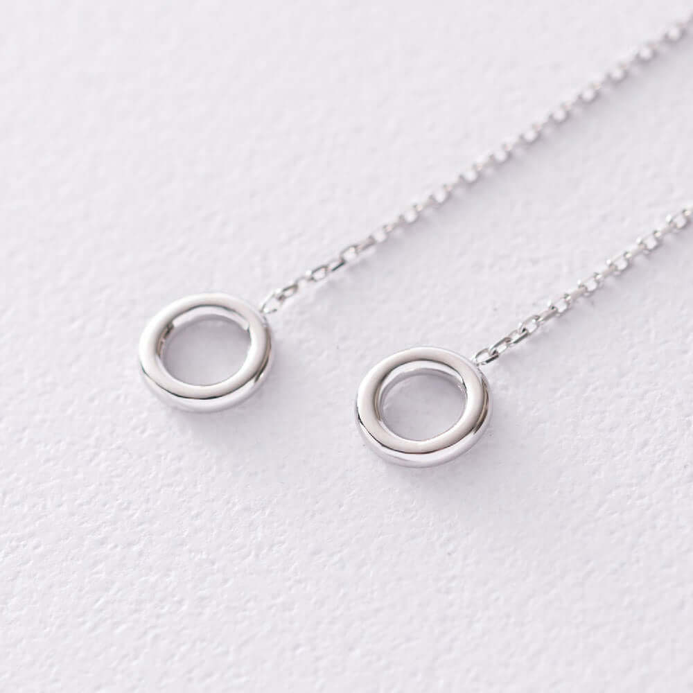 Solid Silver Dangling Chain Earrings with Circle Charm