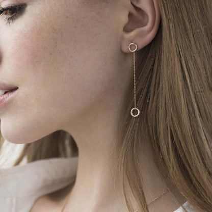 Solid Silver Dangling Chain Earrings with Circle Charm