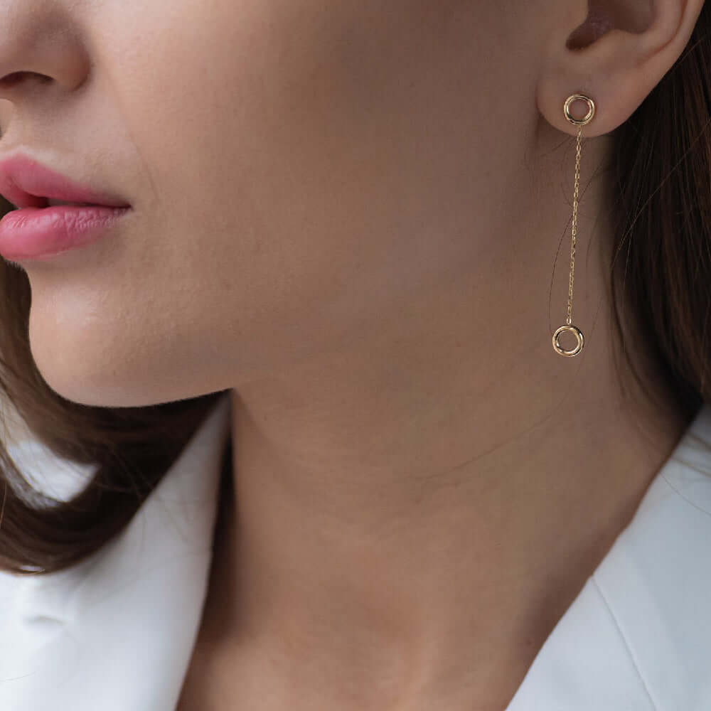 Solid Silver Dangling Chain Earrings with Circle Charm