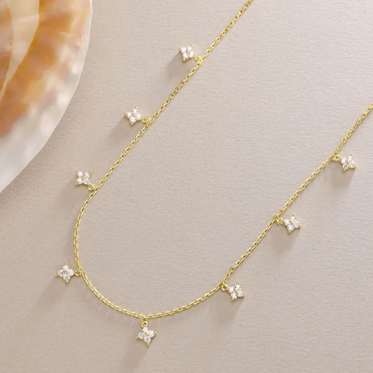 Dangling CZ Clovers Shaker Necklace Gold Plated Silver