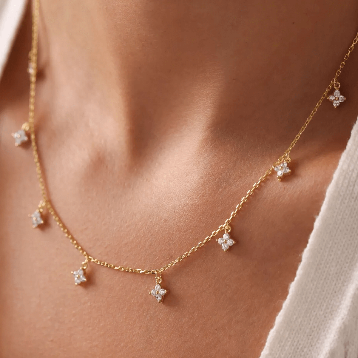 Dangling CZ Clovers Shaker Necklace Gold Plated Silver