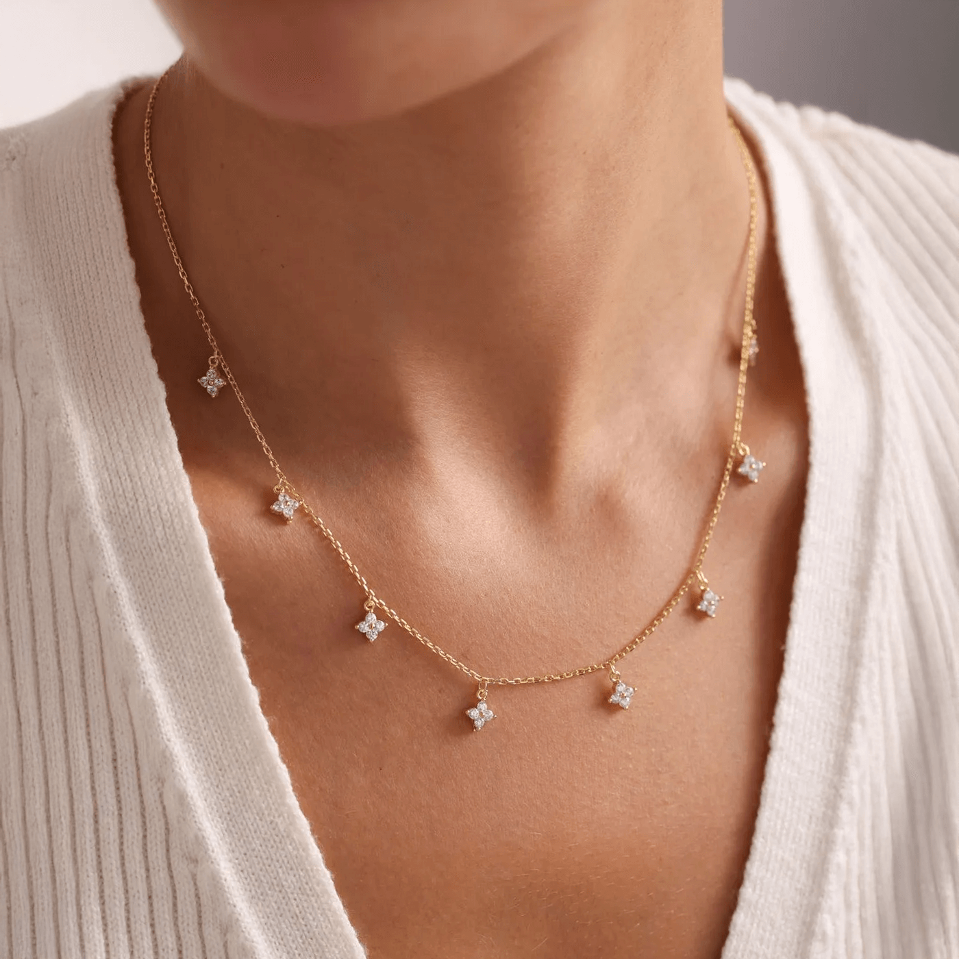 Dangling CZ Clovers Shaker Necklace Gold Plated Silver