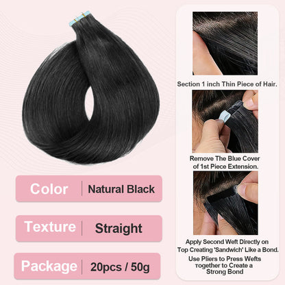 #1B Straight Tape in Hair Extensions Free Shipping Human Hair 20pcs 50g/pack Seamless Skin Weft Hair CVOHAIR