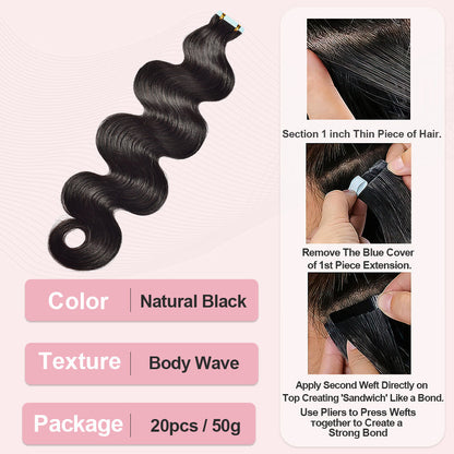 #1B Body Wave Tape in Hair Extensions Free Shipping Human Hair 20pcs 50g/pack Seamless Skin Weft Hair CVOHAIR