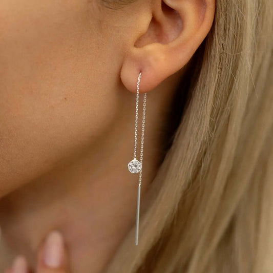 Long Chain Threader Earrings with Zirconia Stone in 925 Silver