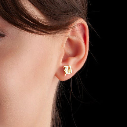 Gothic Initial Silver Stud Earrings for Women