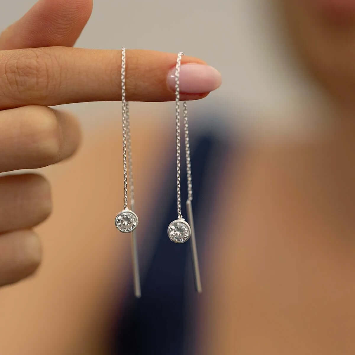 Long Chain Threader Earrings with Zirconia Stone in 925 Silver