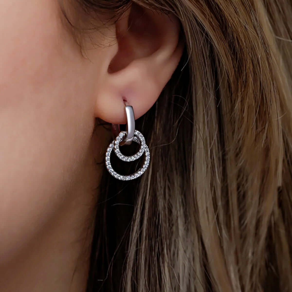 Silver Huggie Hoop Earrings with Dangling Zirconia Circles