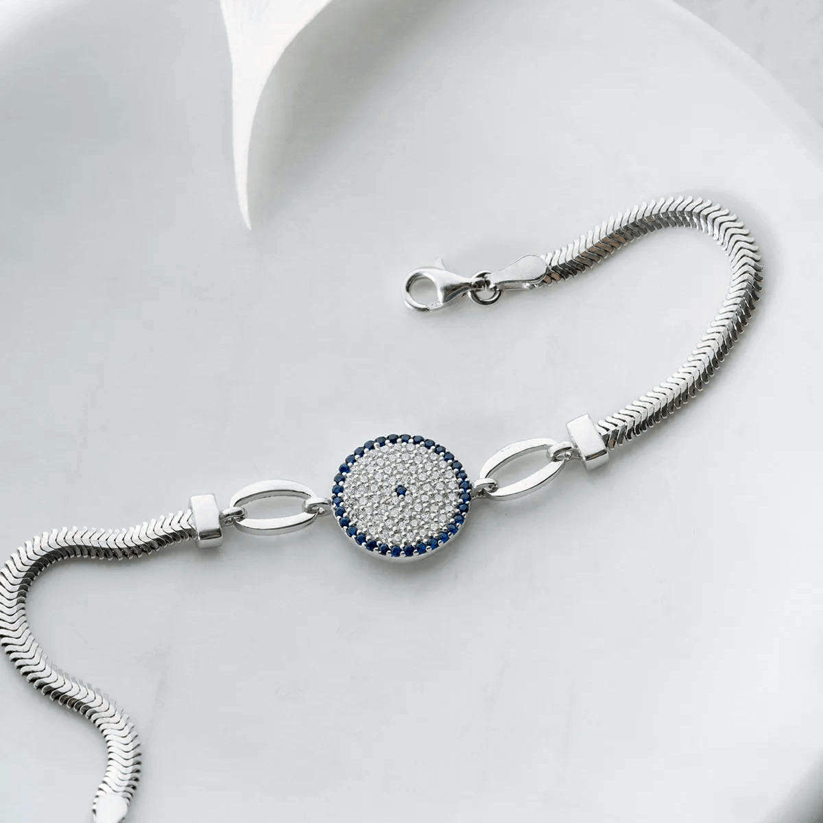 925 Silver Herringbone Chain Bracelet with Evil Eye Charm