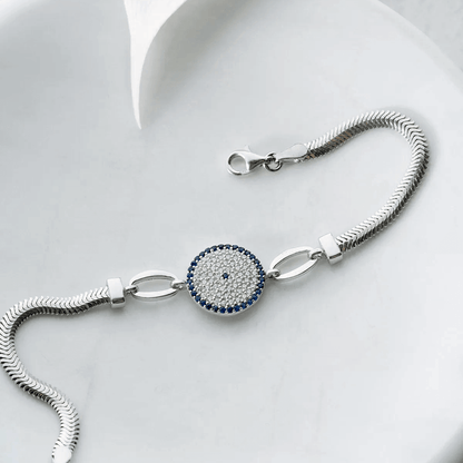 925 Silver Herringbone Chain Bracelet with Evil Eye Charm