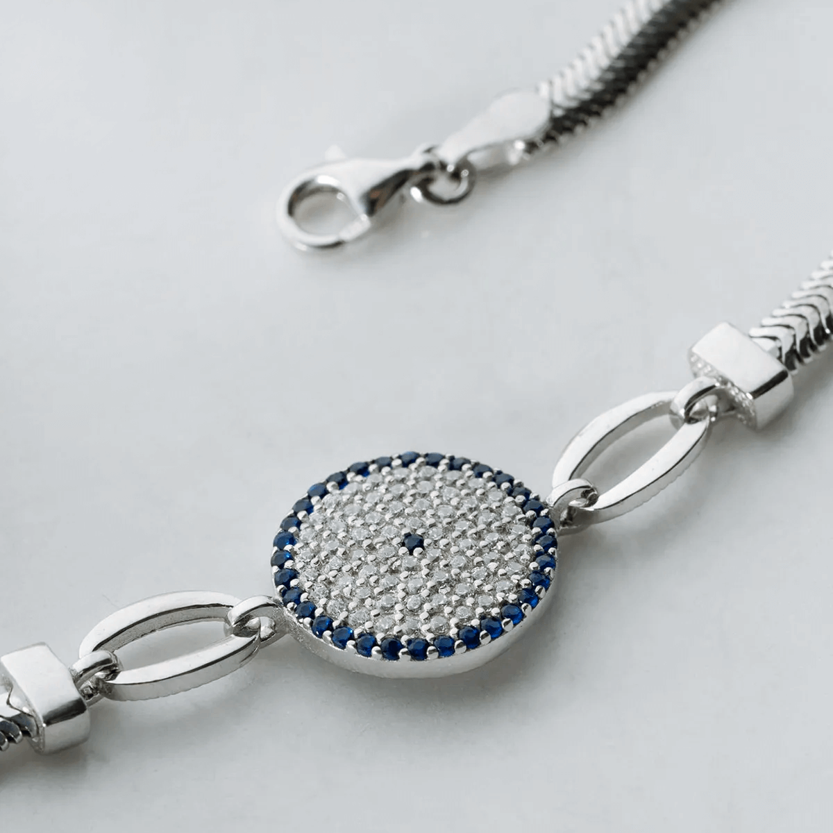 925 Silver Herringbone Chain Bracelet with Evil Eye Charm