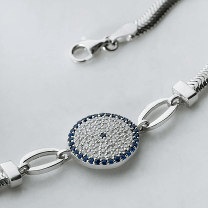 925 Silver Herringbone Chain Bracelet with Evil Eye Charm