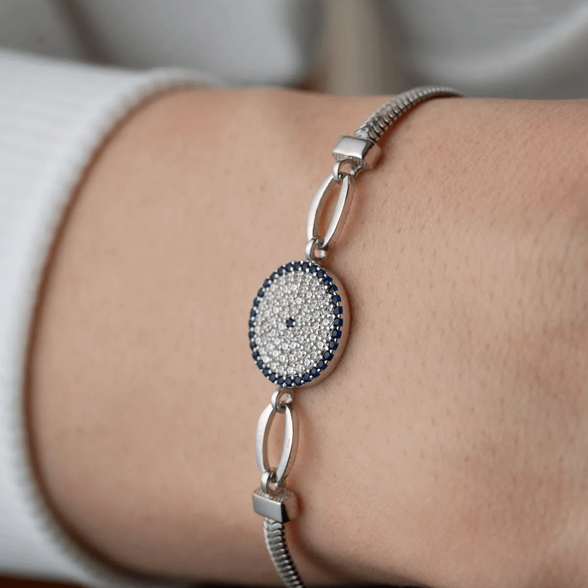 925 Silver Herringbone Chain Bracelet with Evil Eye Charm