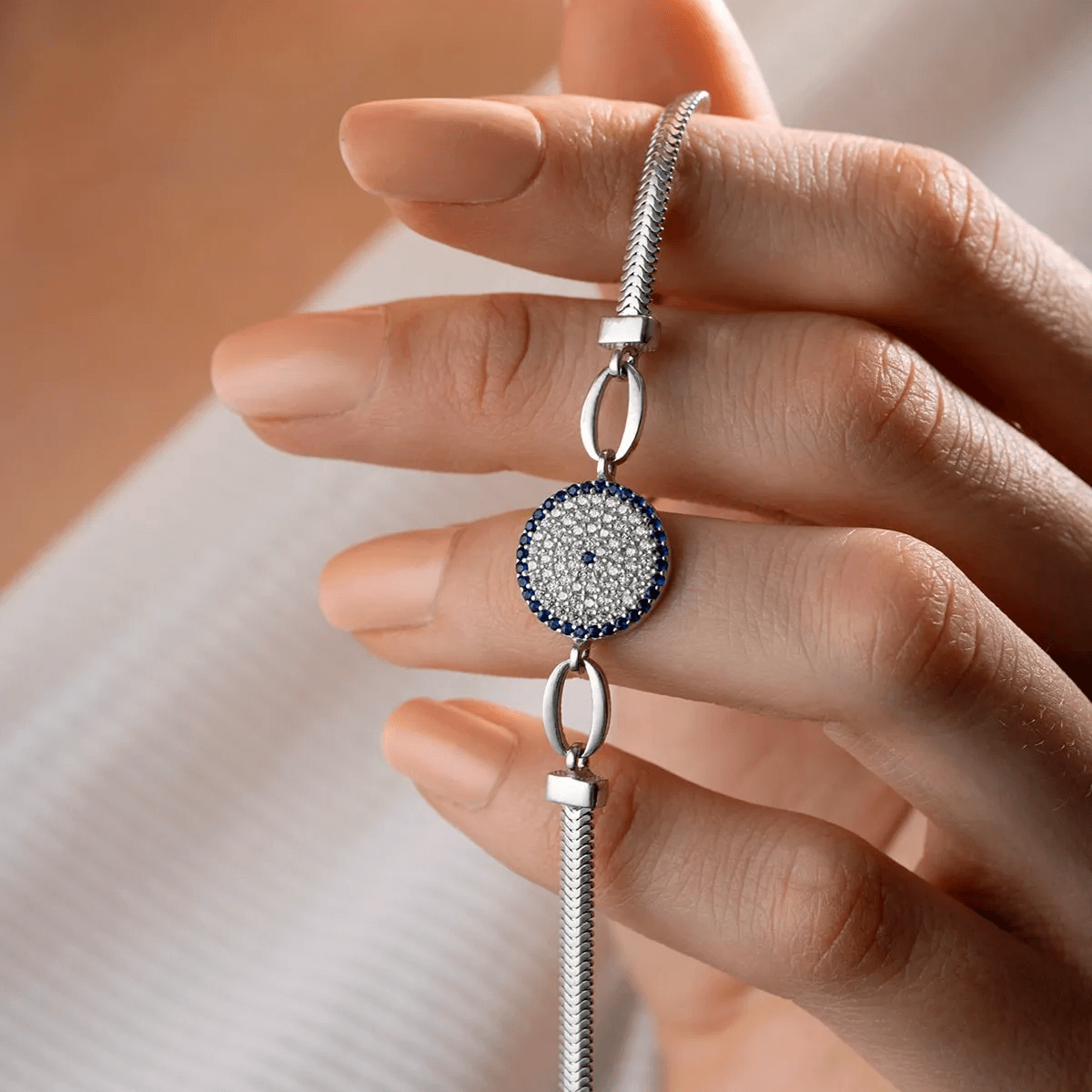 925 Silver Herringbone Chain Bracelet with Evil Eye Charm