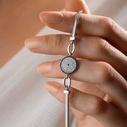 925 Silver Herringbone Chain Bracelet with Evil Eye Charm