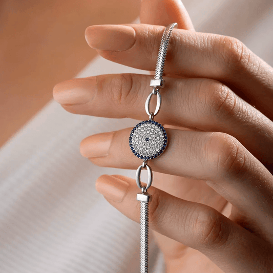 925 Silver Herringbone Chain Bracelet with Evil Eye Charm