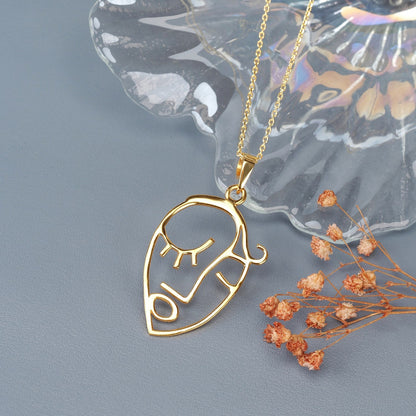 Abstract Face Art Necklace Woman's Silhouette Silver Pendant