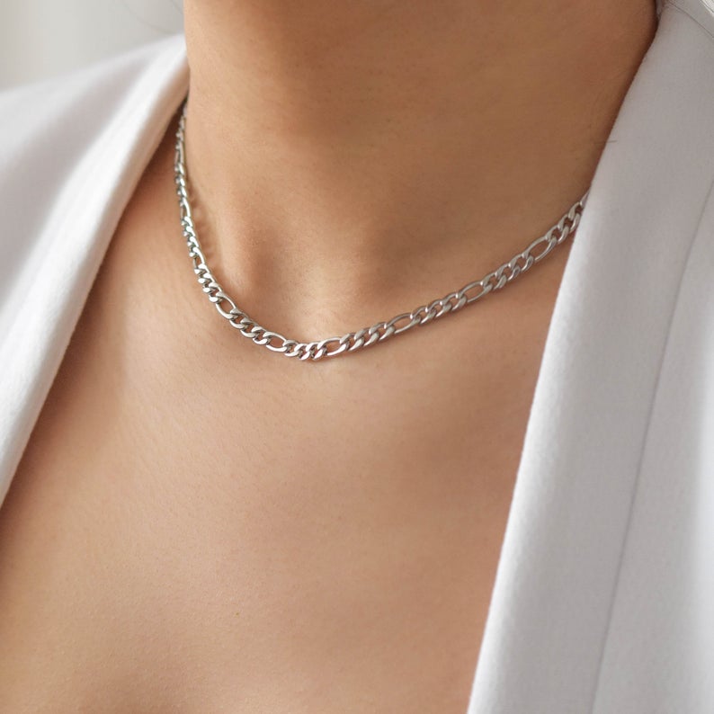 Figaro Chain 4 mm Silver Choker Necklace for Women