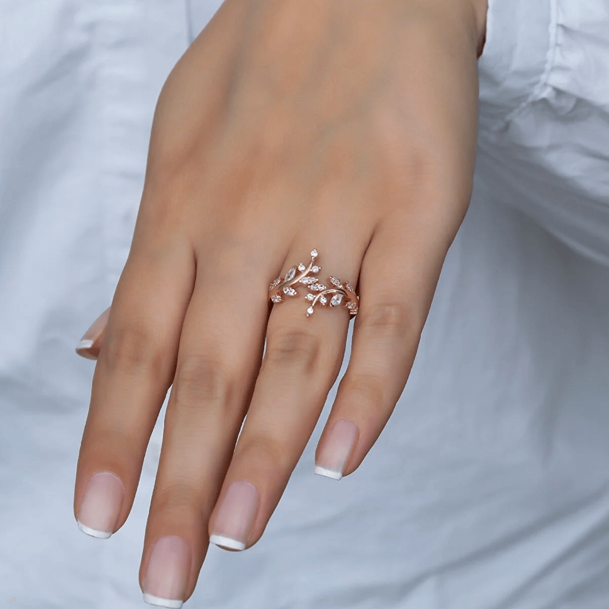 925 Silver Zircon Stone Olive Branch Adjustable Ring