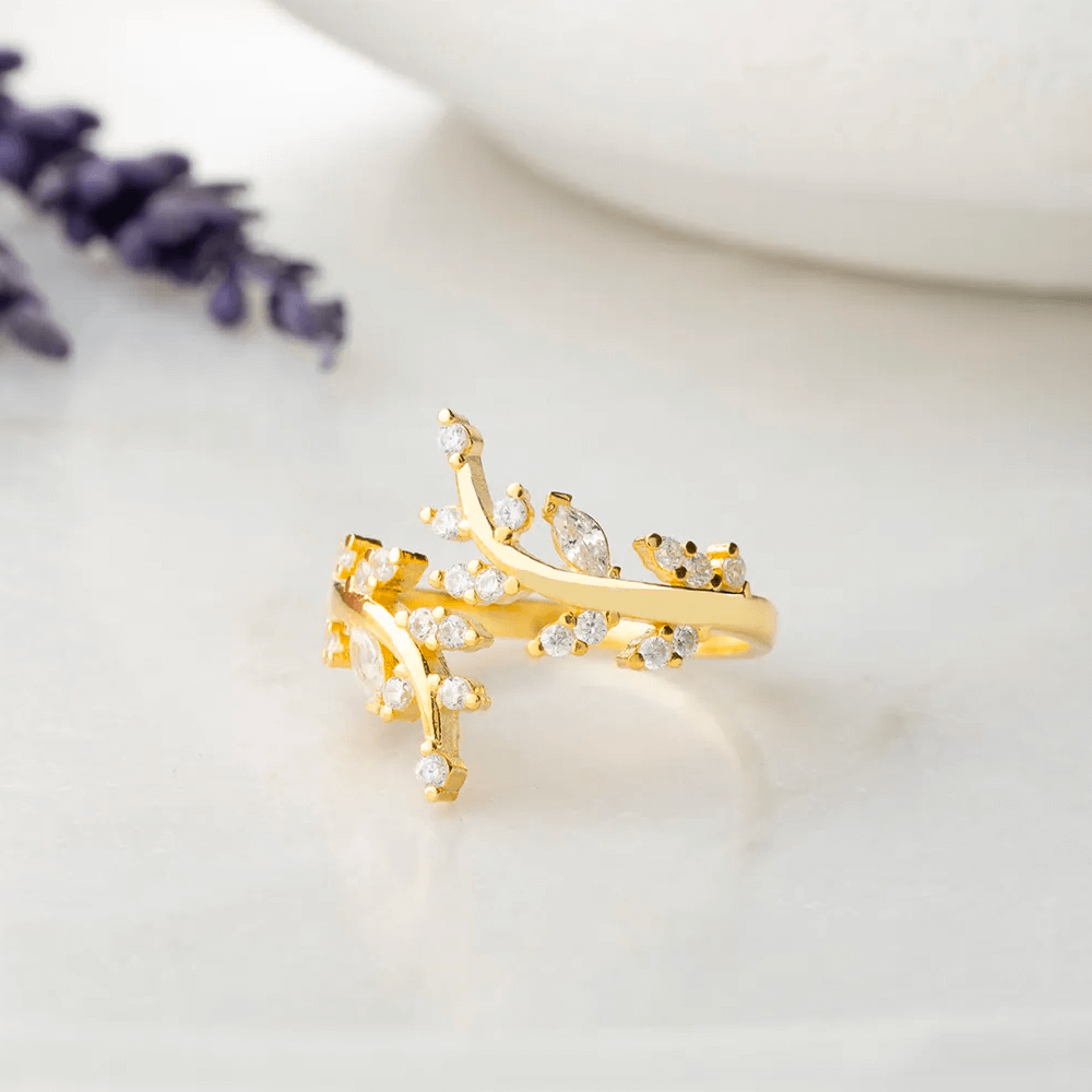 925 Silver Zircon Stone Olive Branch Adjustable Ring