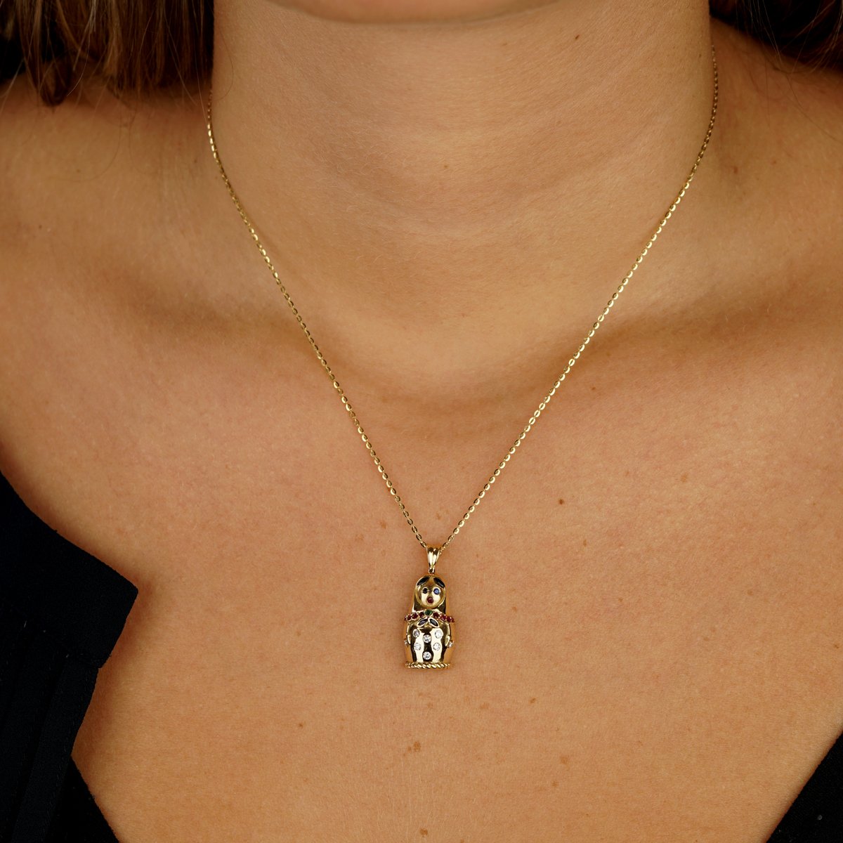 Frthted of Paris Matryoshka Diamond Doll Gold Pendant Necklace