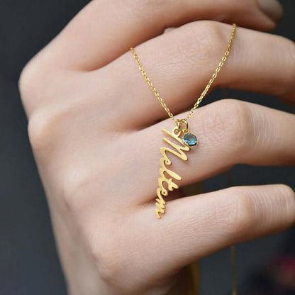 Handwriting Name Necklace Gemstone Pendant with Silver Chain