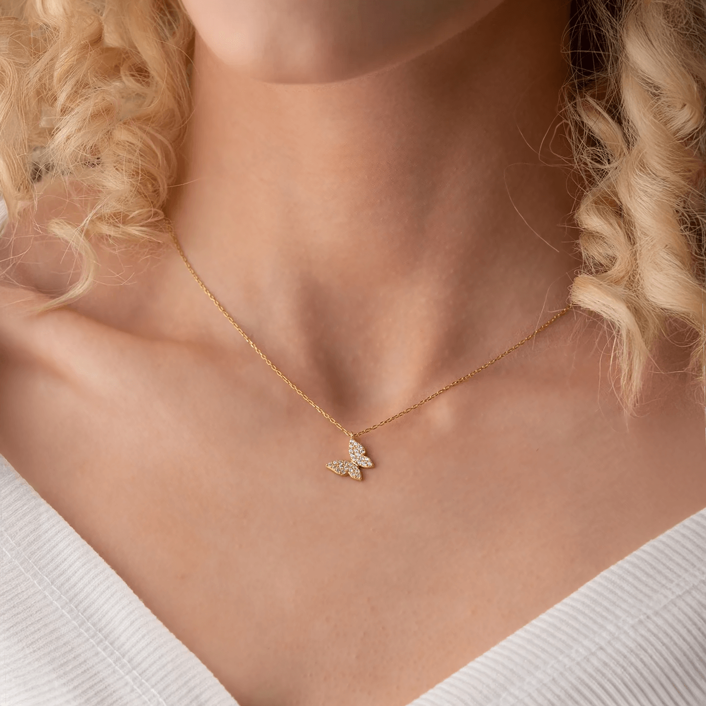 Gold Butterfly Necklace 925 Silver Chain with Zircon