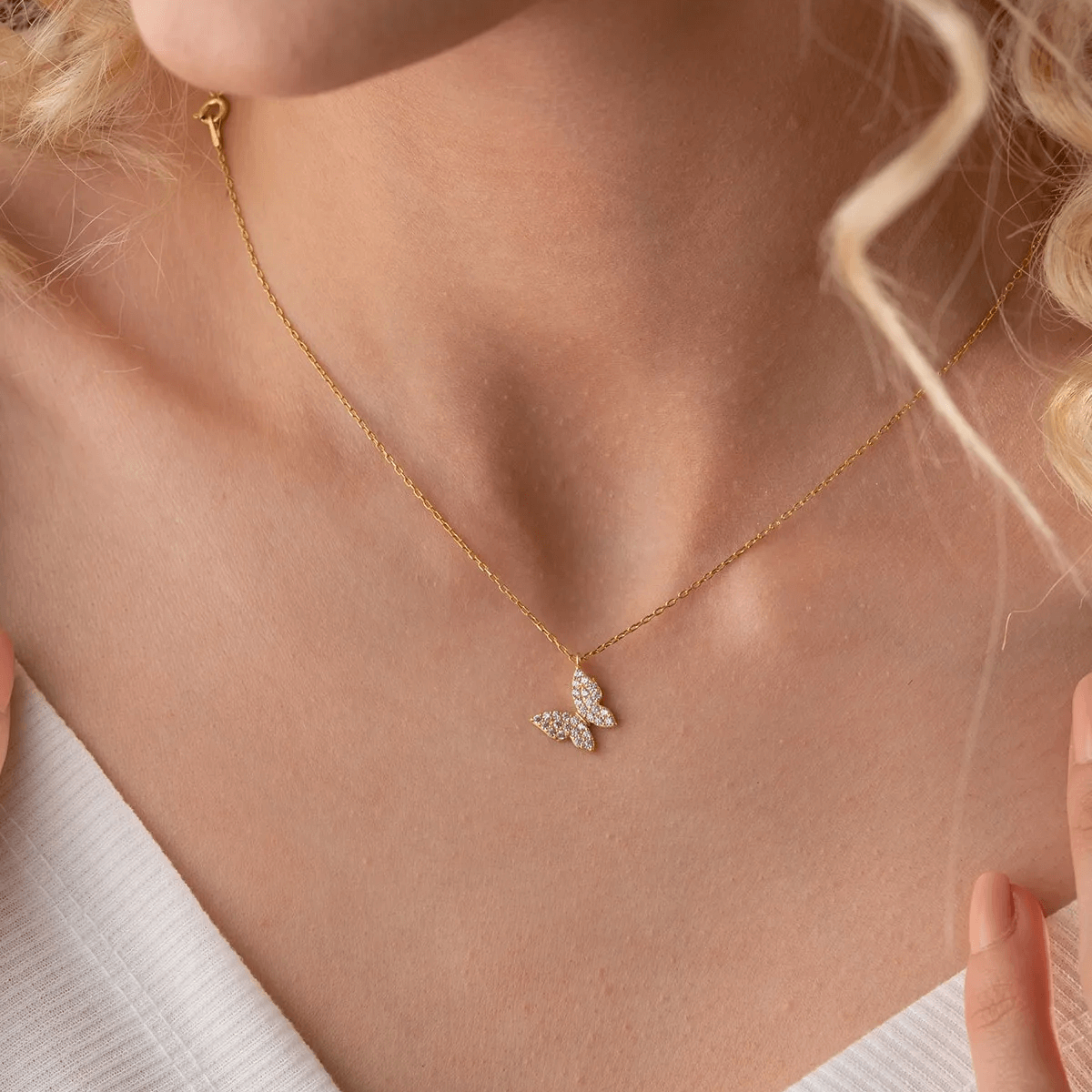 Gold Butterfly Necklace 925 Silver Chain with Zircon