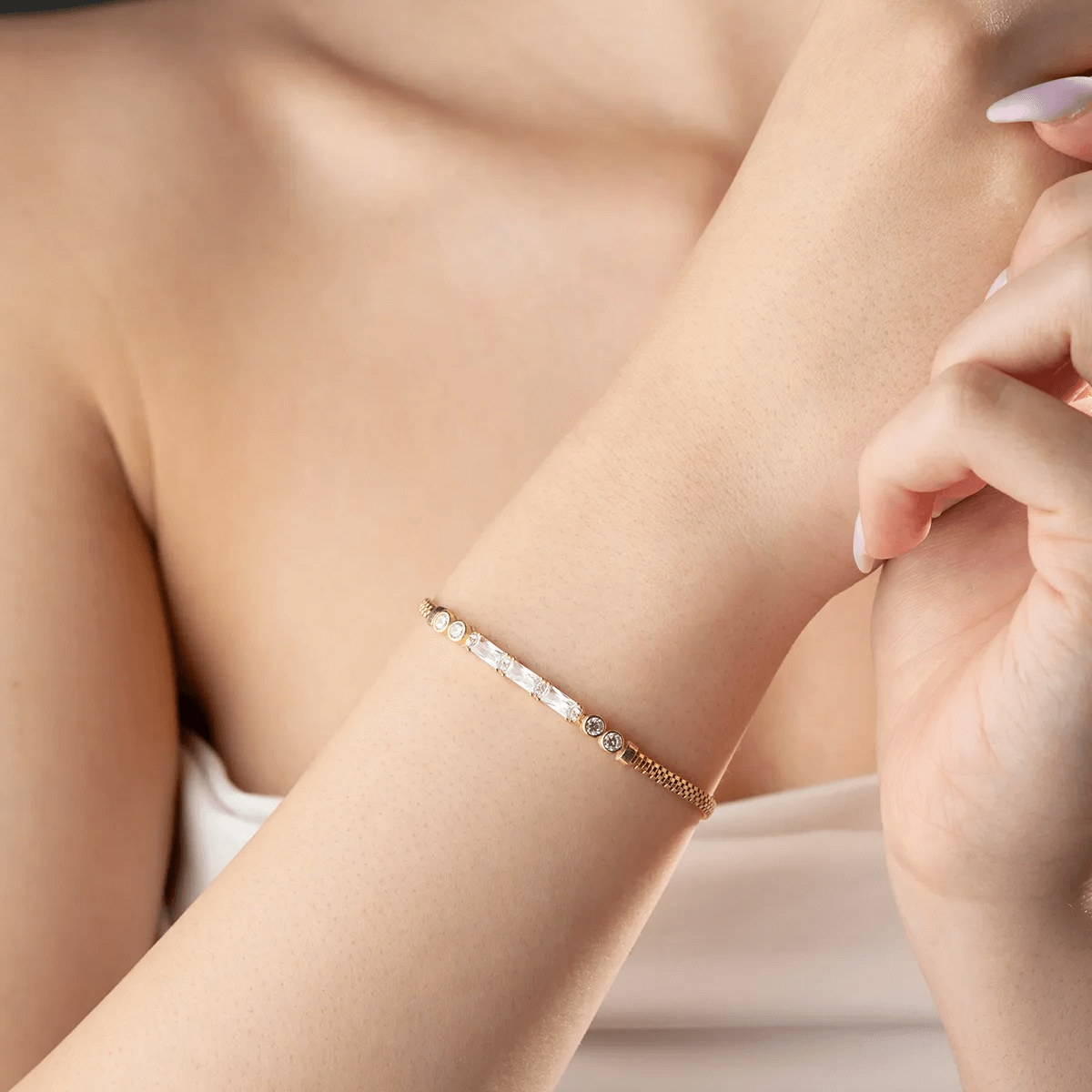 Baguette Stone Bracelet Gold-Plated Silver Mesh Chain