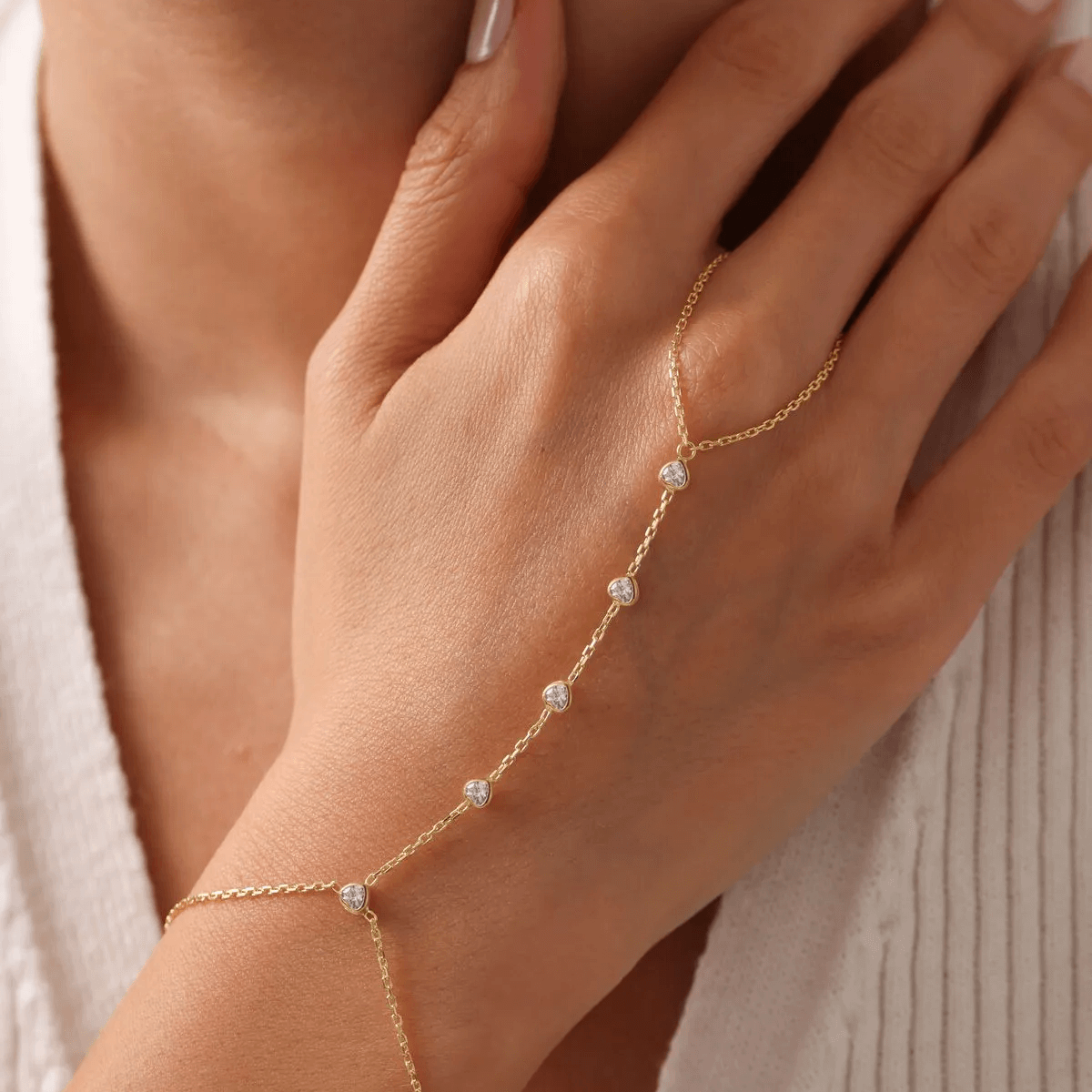 Golden Hand Chain Cubic Zirconia Ring Bracelet