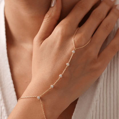 Golden Hand Chain Cubic Zirconia Ring Bracelet