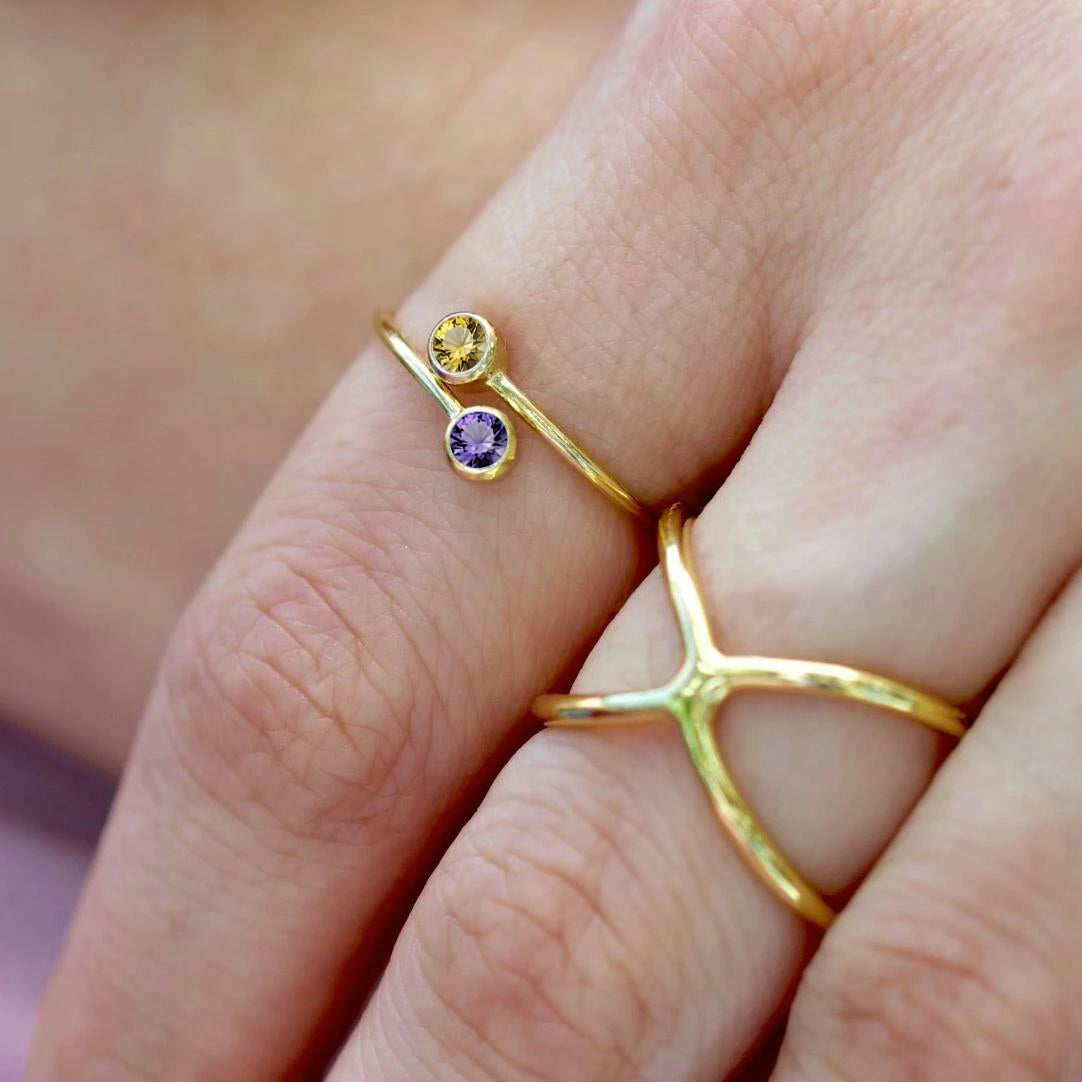 Two Stone Ring Gift for Her Birthstone Free Size Band Gold
