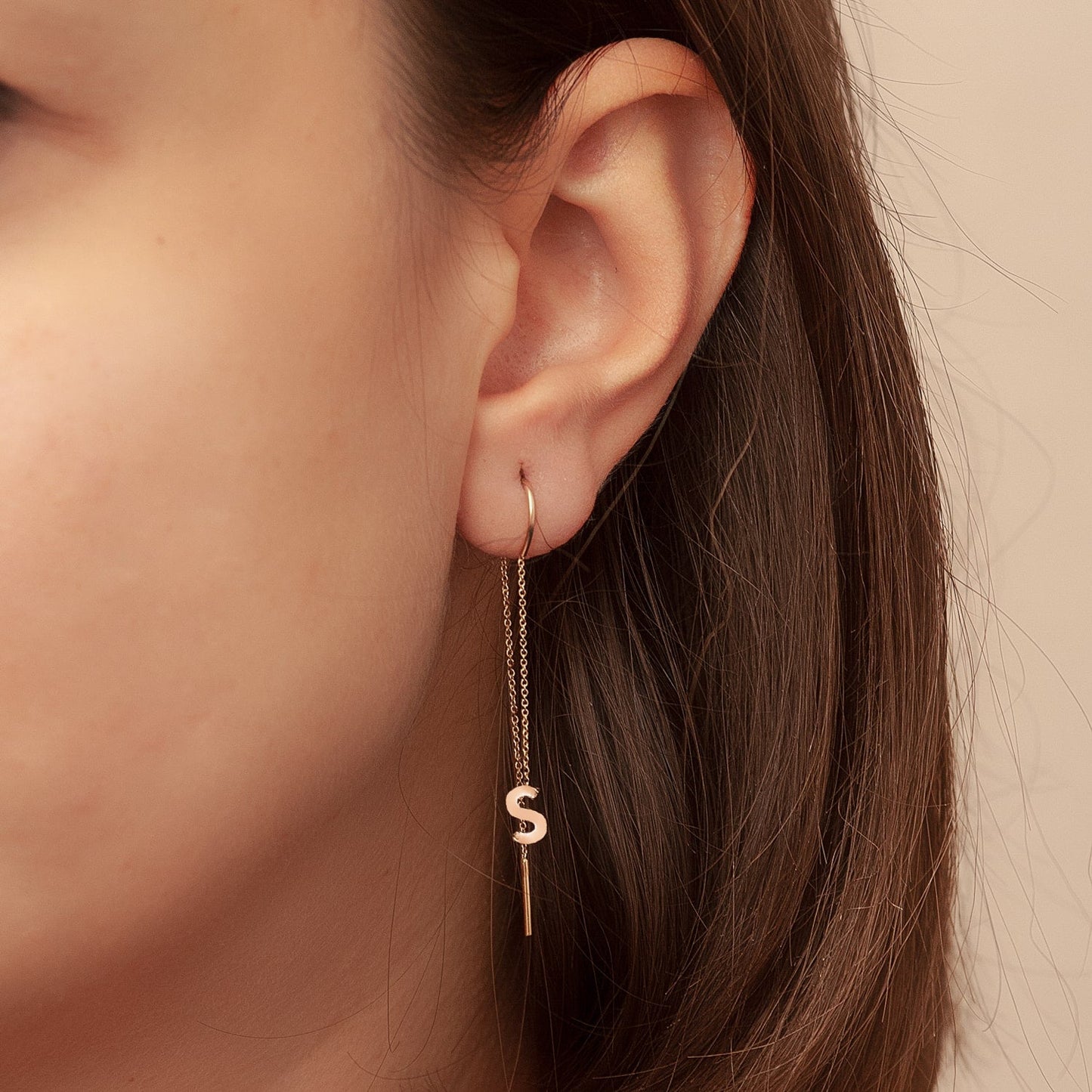 14k Yellow Gold Threader Earrings with Dangle Initial