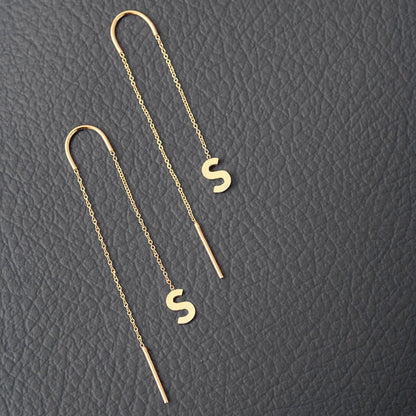 14k Yellow Gold Threader Earrings with Dangle Initial